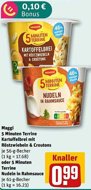 Maggi 5 Minuten Terrine Kartoffelbrei mit Röstzwiebeln & Croutons oder 5 Minuten Terrine Nudeln in Rahmsauce