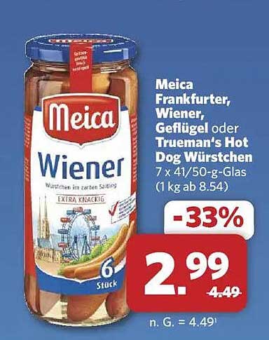 Meica Frankfurter, Wiener, Geflügel oder Trueman's Hot Dog Würstchen 7 x 41/50-g-Glas