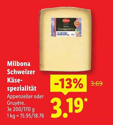 Milbona Schweizer Käse-Spezialität - Appenzeller oder Gruyère