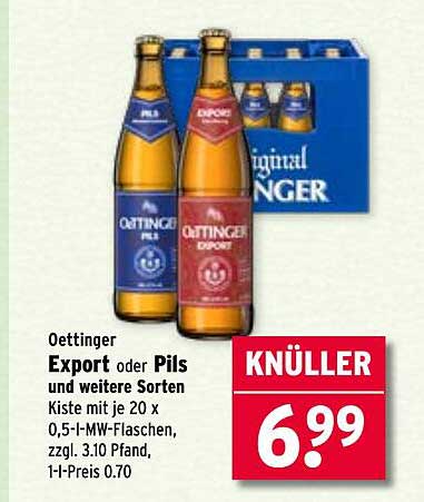 Oettinger Export oder Pils - Kiste mit 20 Flaschen