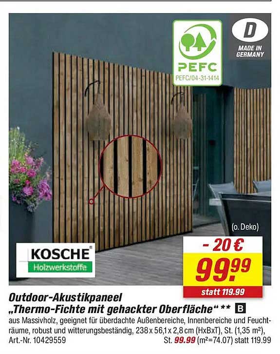 Outdoor-Akustikpaneel „Thermo-Fichte mit gehackter Oberfläche“
