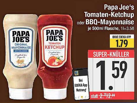 Papa Joe's Tomaten-Ketchup oder BBQ-Mayonnaise je 500ml Flasche