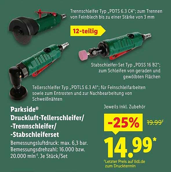 Parkside® Druckluft-Tellerscheifer/-Trennschleifer/-Stabschleifer Set 12-teilig