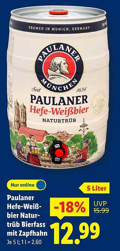 Paulaner Hefe-Weißbier Naturtrüb Bierfass mit Zapfhahn 5 Liter