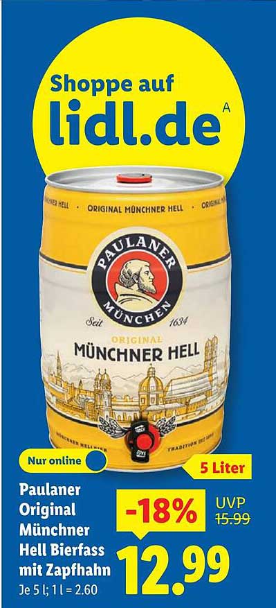 Paulaner Original Münchner Hell Bierfass mit Zapfhahn 5 Liter