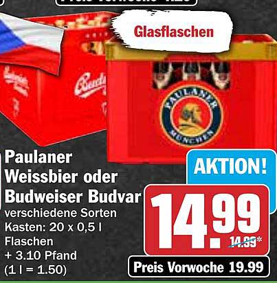 Paulaner Weissbier oder Budweiser Budvar - Kasten 20 x 0,5 l Flaschen