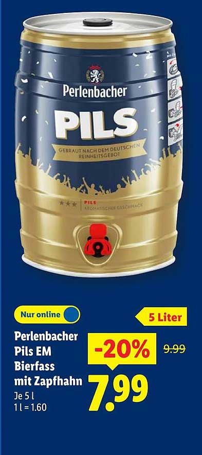 Perlenbacher Pils EM Bierfass mit Zapfhahn – 5 Liter