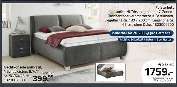 Polsterbett anthrazit/Absatz grau mit 7-Zonen-Taschenfederkernmatratze & Bettkasten