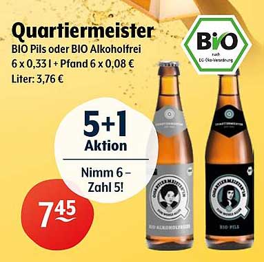 Quartiermeister BIO Pils oder BIO Alkoholfrei 6 x 0,33 l + Pfand 6 x 0,08 €