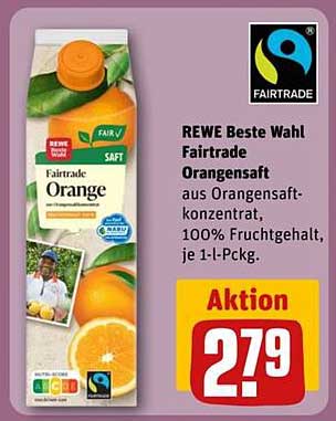 REWE Beste Wahl Fairtrade Orangensaft, 100% Fruchtgehalt, je 1-L-Pckg.