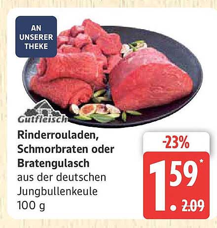 Rinderrouladen, Schmorbraten oder Bratengulasch aus der deutschen Jungbullenkeule