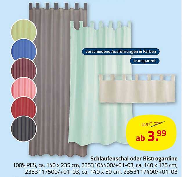 Schlaufenschal oder Bistrogardine, verschiedene Ausführungen & Farben