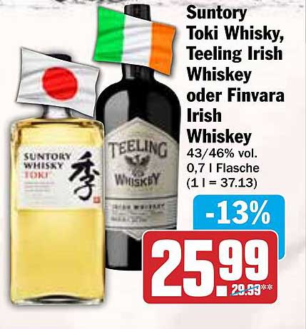 Suntory Toki Whisky, Teeling Irish Whiskey oder Finvara Irish Whiskey - 0,7 l Flasche - 13% Rabatt