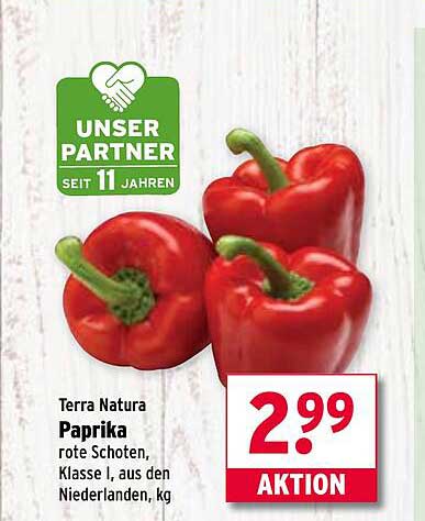 Terra Natura Paprika rote Schoten, Klasse I, aus den Niederlanden, kg