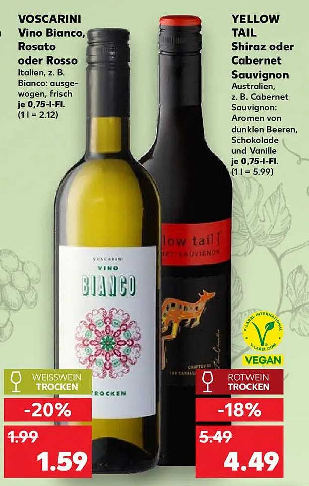 VOSCARINI Vino Bianco oder YELLOW TAIL Shiraz/Cabernet Sauvignon