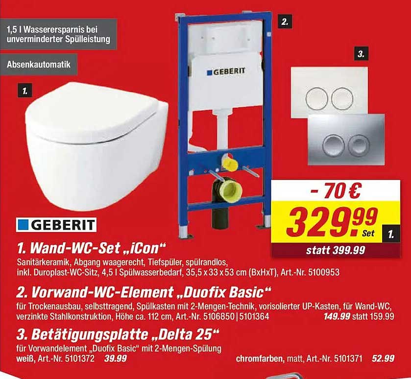 Wand-WC-Set „iCon“ mit Vorwand-WC-Element „Duofix Basic“ und Betätigungsplatte „Delta 25“