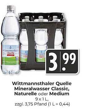 Wittmannsthaler Quelle Mineralwasser Classic, Naturelle oder Medium 9 x 1 L
