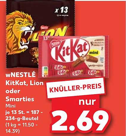 wNESTLÉ KitKat, Lion oder Smarties Mini je 13 St. – nur 2,69 €