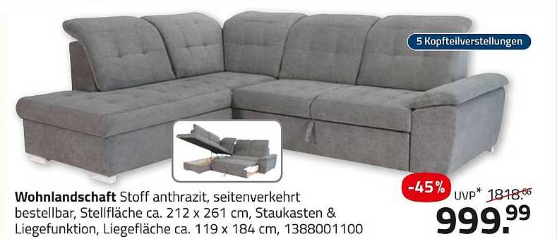 Wohlnlandschaft Stoff anthrazit, seitlich verkehrbar, Stellfläche ca. 212 x 261 cm, mit Stauraum & Liegefunktion