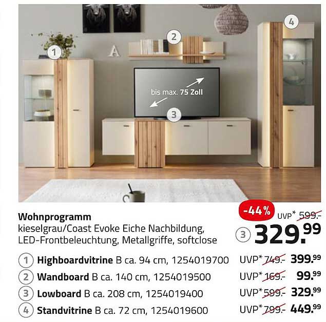 Wohnprogramm kieselgrau/Coast Evoke Eiche Nachbildung, LED-Frontbeleuchtung, Metallgriffe, softclose