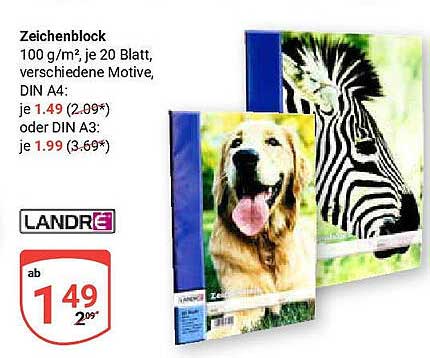 Zeichenblock 100 g/m², je 20 Blatt, verschiedene Motive, DIN A4 und DIN A3