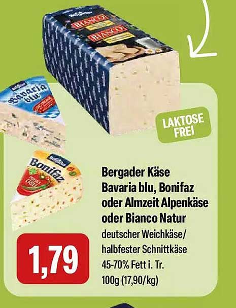 Bergader Käse Bavaria blu, Bonifaz oder Almezeit Alpenkäse oder Bianco Natur deutscher Weichkäse/halbfester Schnittkäse 45-70% Fett i. Tr.
