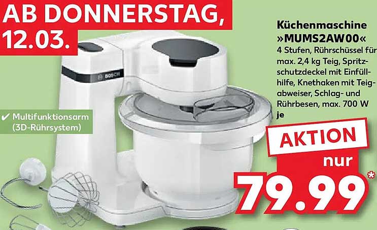 Küchenmaschine »MUMS2AW00« 4 Stufen, Rührschüssel für max. 2,4 kg Teig, Spritzschutzdeckel mit Einfüllhilfe, Knethaken mit Teigabweiser, Schlag- und Rührbesen, max. 700 W je