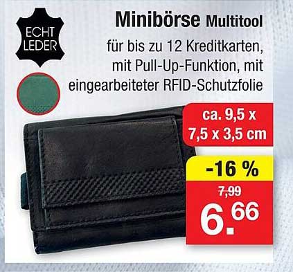 Minibörse Multitool für bis zu 12 Kreditkarten, mit Pull-Up-Funktion, mit eingearbeiteter RFID-Schutzfolie