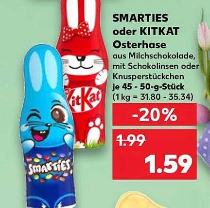 SMARTIES oder KITKAT Osterhase aus Milchschokolade, mit Schokolinsen oder Knusperstückchen je 45 - 50-g-Stück