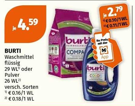 BURTI Waschmittel flüssig 29 WL oder Pulver 26 WL, versch. Sorten