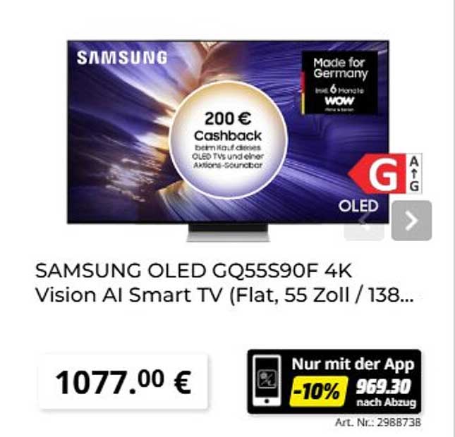 SAMSUNG OLED GQ55S90F 4K Vision AI Smart TV (Flat, 55 Zoll / 138...