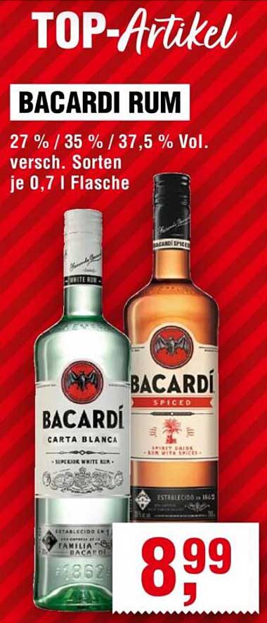 BACARDI RUM – Verschiedene Sorten 0,7 l Flasche für 8,99 €