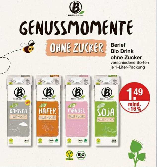 Berief Bio Drink ohne Zucker, verschiedene Sorten je 1-Liter-Packung