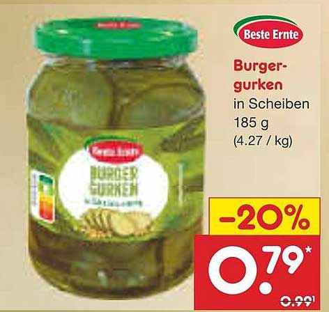 Beste Ernte Burger-Gurken in Scheiben 185 g