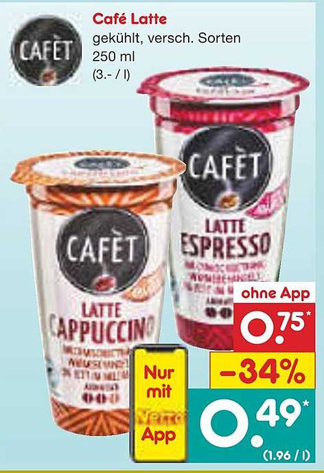 Café Latte gekühlt, verschieden Sorten 250 ml (3.- / l)