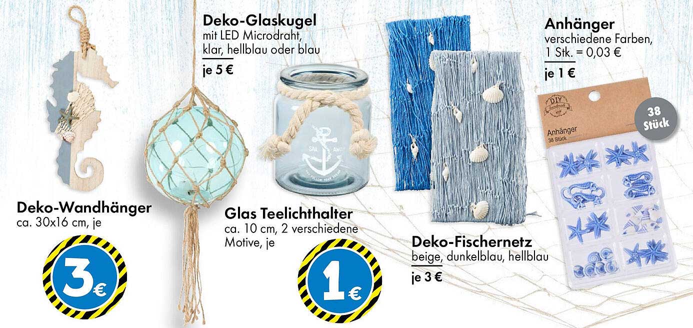 Deko-Wandhänger, Deko-Glaskugel, Glas Teelichthalter, Deko-Fischernetz und Anhänger
