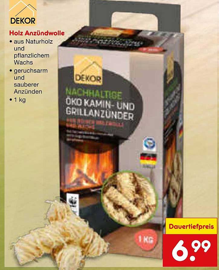 DEKOR Holz Anzündwolle - Nachhaltige Öko Kamin- und Grillanzünder 1 kg
