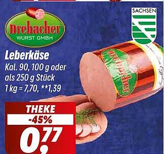 Drebacher Leberkäse 90g oder 100g Stück für nur 0,77 €