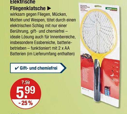 Elektrische Fliegenklatsche - wirksam gegen Fliegen, Mücken, Motten und Wespen
