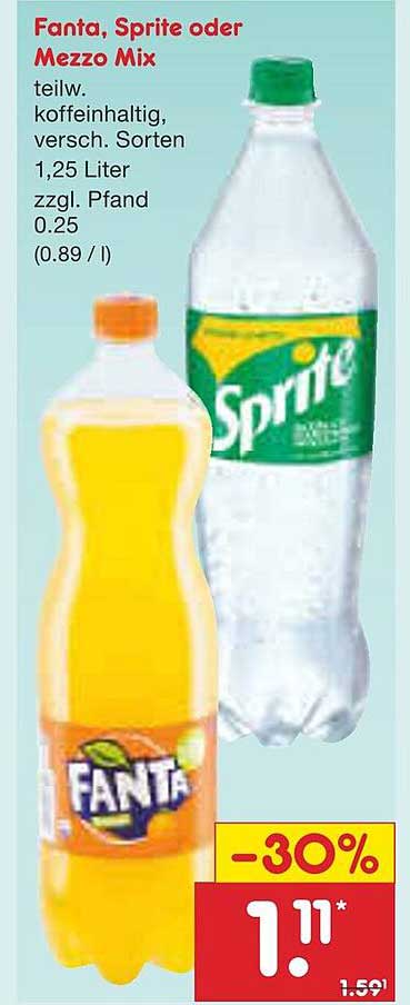 Fanta, Sprite oder Mezzo Mix 1,25 Liter für nur 1,11 €