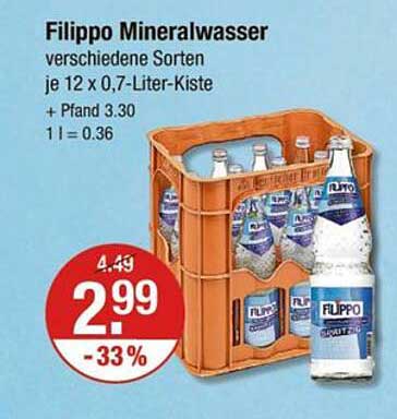 Filippo Mineralwasser verschiedene Sorten je 12 x 0,7-Liter-Kiste + Pfand 3,30