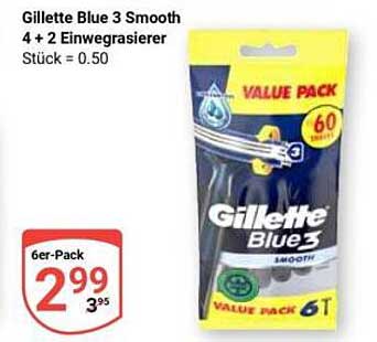 Gillette Blue 3 Smooth 6er-Pack - 4 + 2 Einwegrasierer