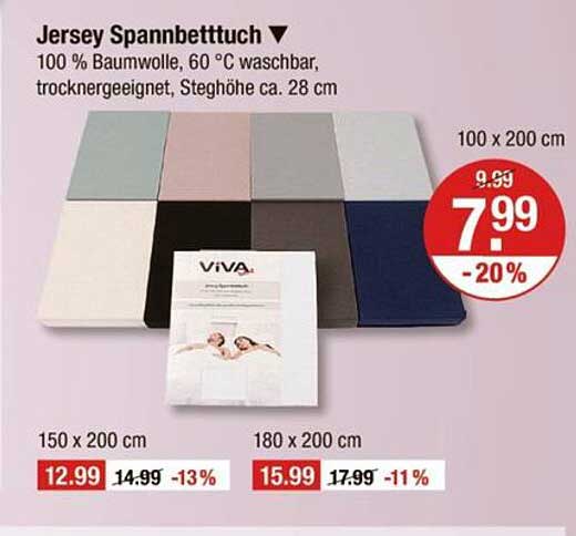 Jersey Spannbettuch 100 % Baumwolle, 60 °C waschbar
