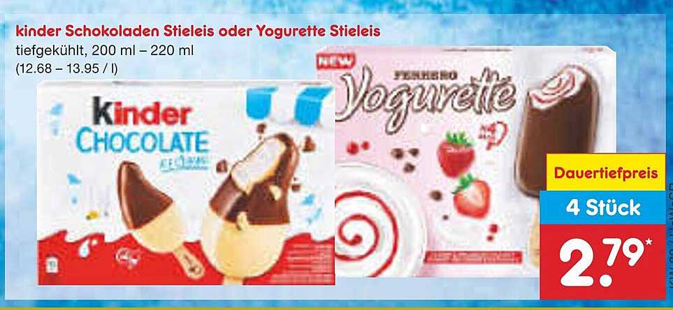 kinder Schokoladen Stieleis oder Yogurette Stieleis, 4 Stück