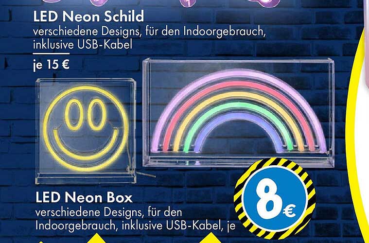 LED Neon Box, verschiedene Designs, für den Indoorgebrauch, inklusive USB-Kabel, je 8 €