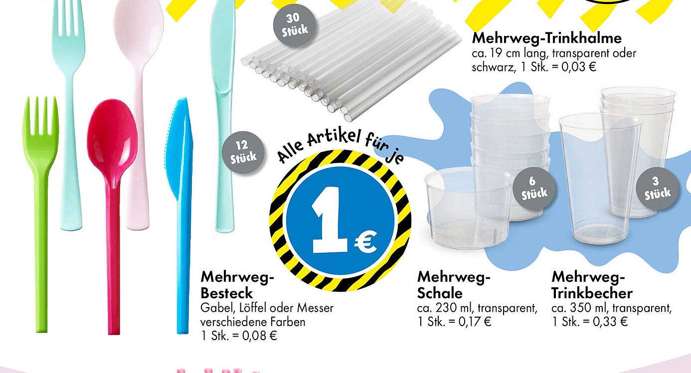 Mehrweg-Besteck, Mehrweg-Trinkhalme, Mehrweg-Schale und Mehrweg-Trinkbecher - alle Artikel für je 1 €