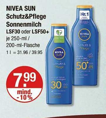 NIVEA SUN Schutz & Pflege Sonnenmilch LSF30 oder LSF50+ je 250-ml / 200-ml-Flasche