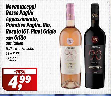 Novantaceppi Rosso Puglia Appassimento, Primitivo Puglia, Bio, Rosato IGT, Pinot Grigio oder Grillo aus Italien, 0,75 Liter Flasche