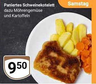 Paniertes Schweinekotelett mit Möhrengemüse und Kartoffeln