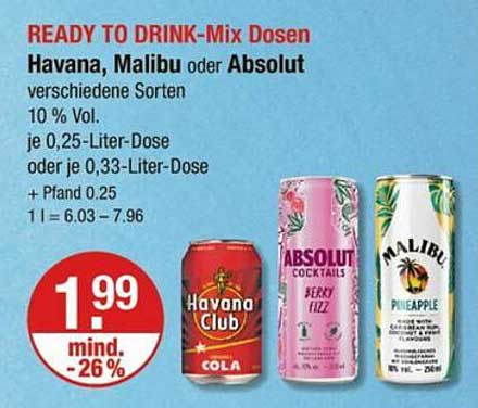 READY TO DRINK-Mix Dosen: Havana, Malibu oder Absolut